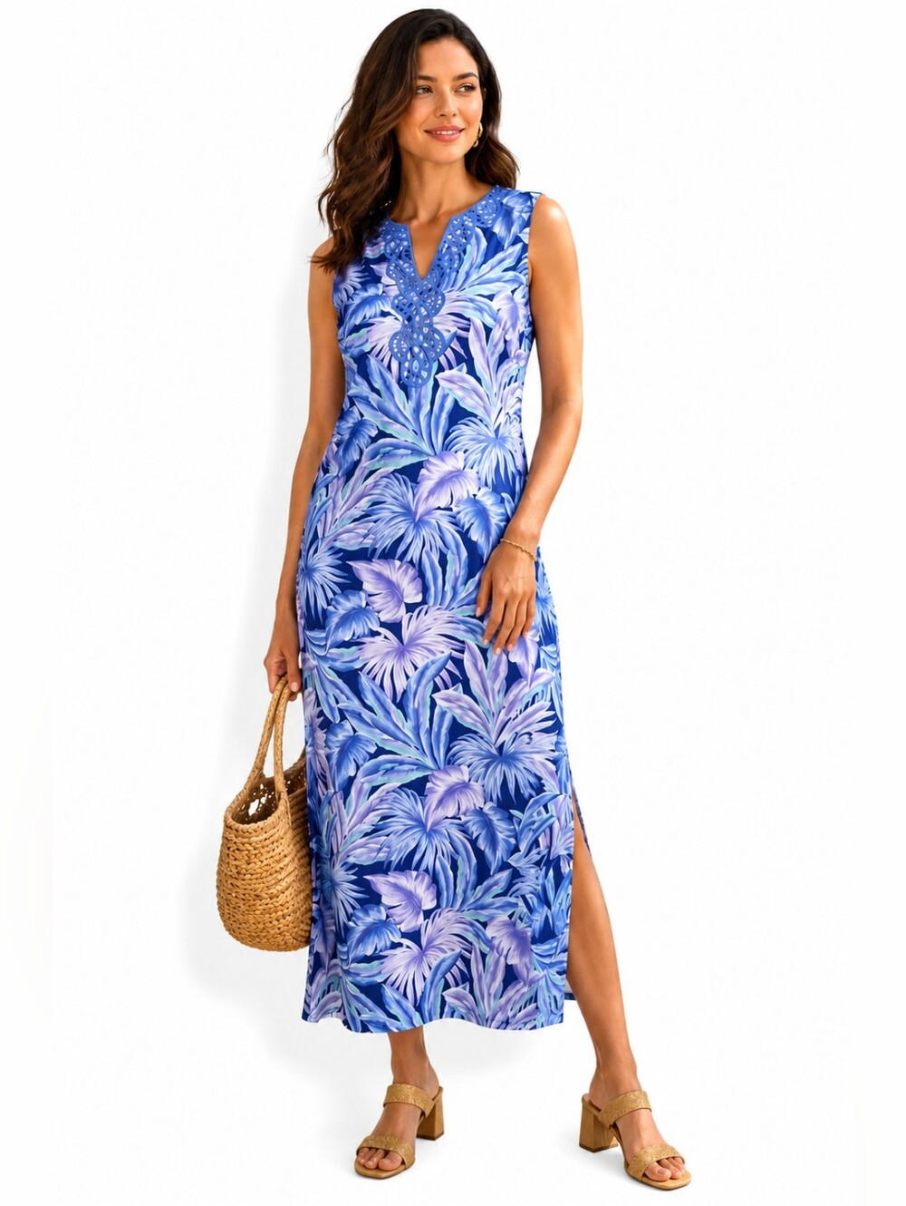 Stella Parker Island Collection Blue Tropical Maxi Dress Medium Resort Vacation